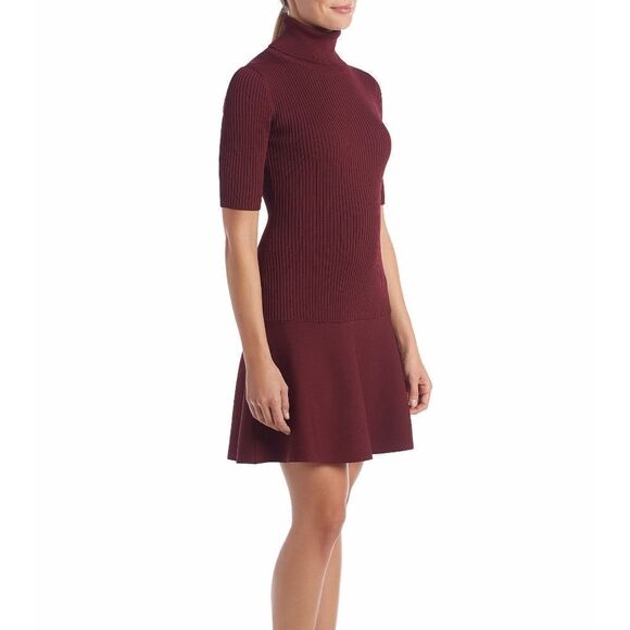 New! MICHAEL KORS Women's Turtleneck Sweater Dress Ribbed Body Flared Hem Merlot - Picture 5 of 6